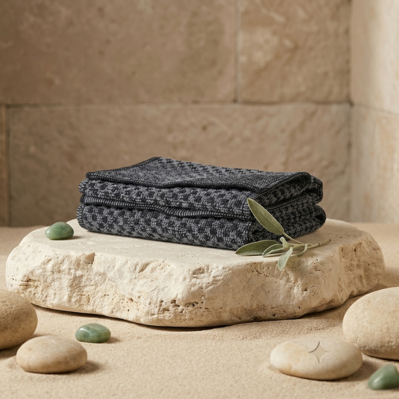 Serviette exfoliante EVOLYAcare posée sur une pierre naturelle
