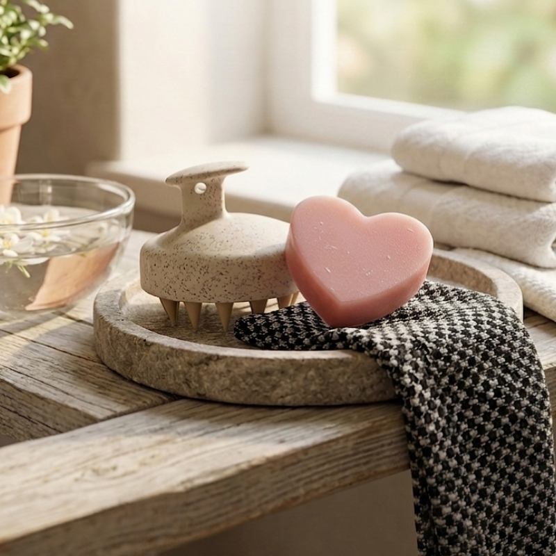 Rituel EVOLYAcare : serviette, savon et brosse dans une salle de bain